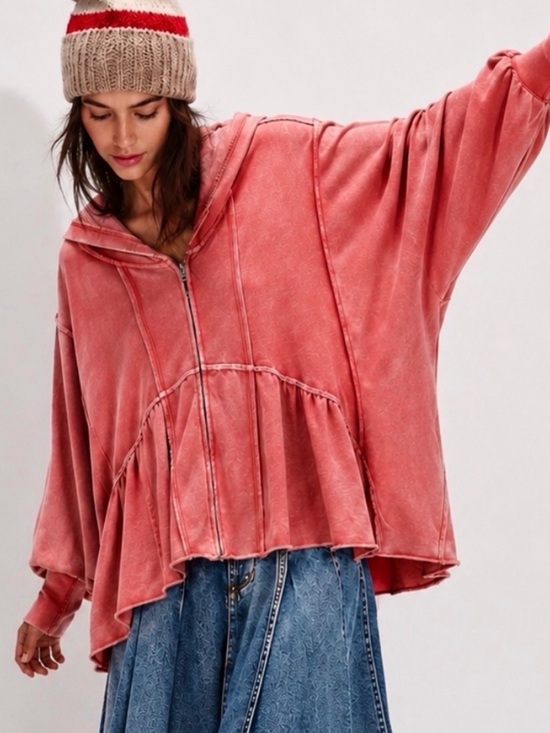 Free People Tops - FREE PEOPLE Piece Of Cake Oversized Pink Ruffle Hooded Sweatshirt Size M